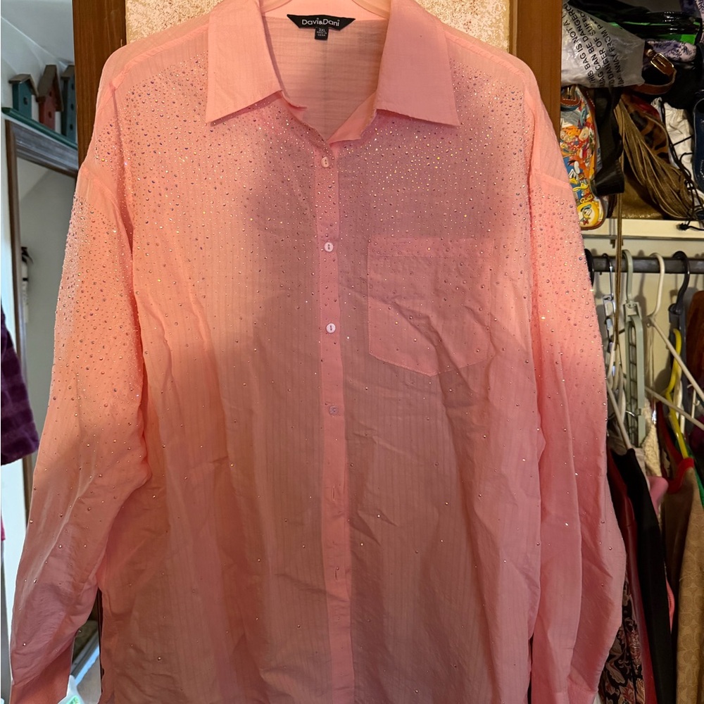 Light Pink iridescent rhinestone button up Shirt